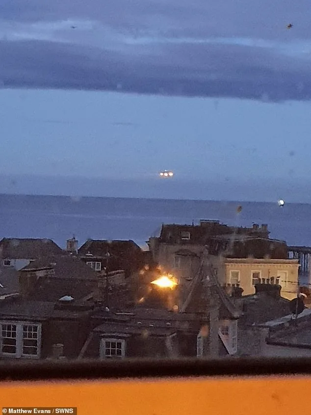 Photographs show four bright lights in a triangular-shaped formation lingering in the sky